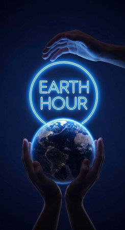 Hands holding Earth globe and text Earth Hour. Elements of this image furnished by NASAの写真素材