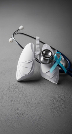 A stethoscope and paper lungs with a blue ribbon on a gray surface symbolizing lung health and awarenessの写真素材