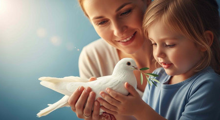 A smiling woman and a young girl holding a white dove with a green leaf in its beak.の写真素材