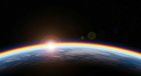 A stunning view of the Earth from space with a vibrant rainbow-colored sun rising over the horizonの写真素材