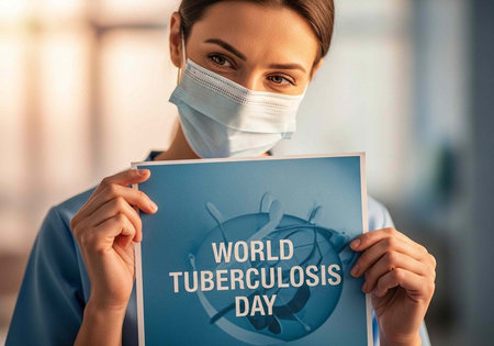 A healthcare worker in a mask holds a sign for World Tuberculosis Day awareness campaignの写真素材