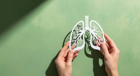 A person holds a paper cutout of lungs on a green background, symbolizing health and wellness.の写真素材
