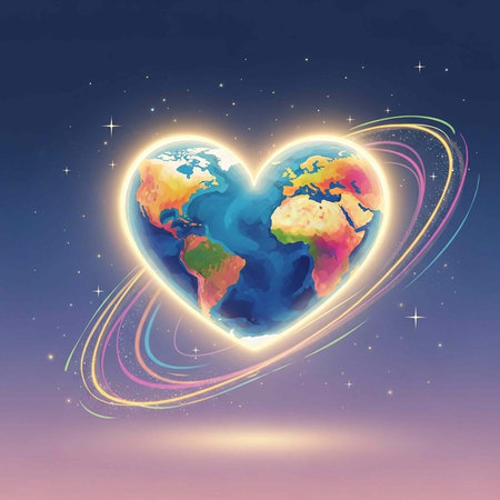 A vibrant illustration of the Earth in a heart shape, surrounded by colorful swirling lines and stars in spaceの写真素材