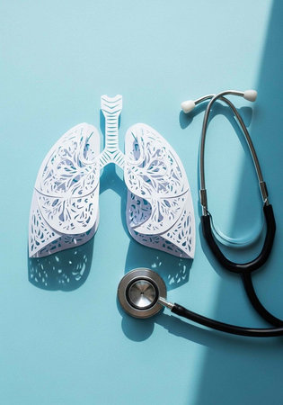 A stethoscope lies next to intricately designed paper cutouts of lungs on a blue background.の写真素材