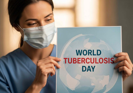 A female healthcare worker wearing a face mask holds a World Tuberculosis Day sign in a hospital setting.の写真素材