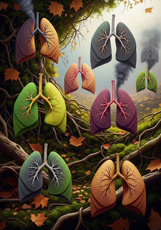 A vibrant illustration of lungs in various colors amidst a natural landscape with trees and autumn leavesの写真素材