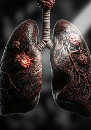 A medical illustration of lungs with tumors and blood vessels on a dark backgroundの写真素材