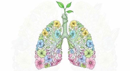 A vibrant illustration of lungs with colorful flowers and green leaves symbolizing health and wellnessの写真素材
