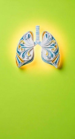 A vibrant illustration of lungs with colorful swirling patterns on a bright green backgroundの写真素材