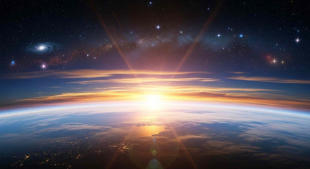 A breathtaking view of the Earth from space during a vibrant sunset with stars and galaxies in the backgroundの写真素材