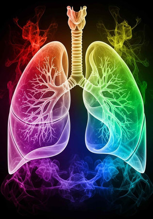 A vibrant and colorful illustration of human lungs with rainbow hues and smoke effects on a black backgroundの写真素材