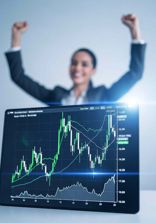 A triumphant businesswoman celebrating a successful stock market investment on her laptopの写真素材