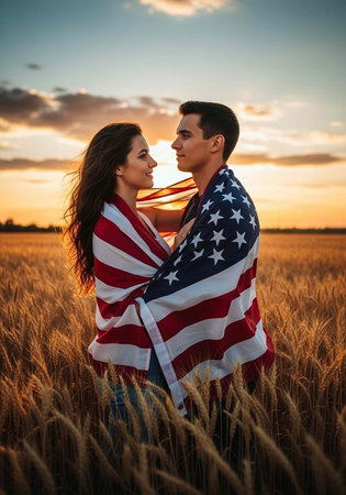 A romantic couple wrapped in an American flag standing in a wheat field at sunset.の写真素材