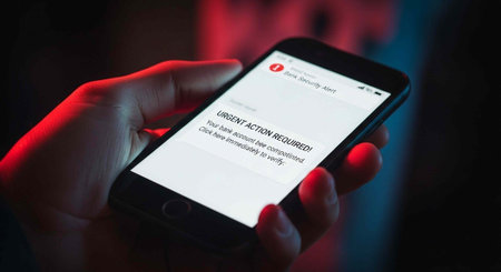 A hand holding a smartphone with an urgent action required notification on the screen in a dark roomの写真素材