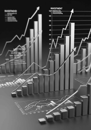 A 3D bar graph and line chart illustrating an upward investment trend with increasing growth and successの写真素材