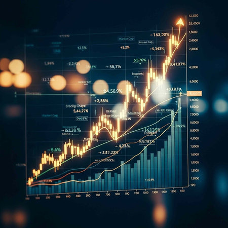 A stock market graph showing a steady increase in financial growth and investment opportunitiesの写真素材