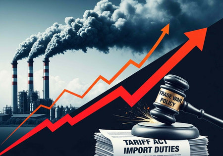 An illustration depicting the impact of trade war policies on tariffs and import duties with a factory emitting smokeの写真素材