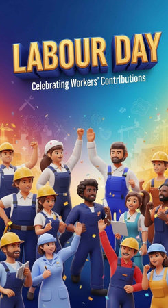 A vibrant illustration of diverse workers celebrating Labour Day with joy and appreciation for their contributionsの写真素材