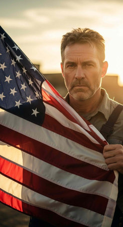 A man proudly holding an American flag during a serene sunsetの写真素材