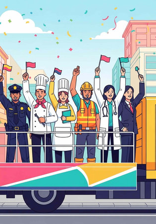 A diverse group of professionals celebrating together on a colorful truck in a vibrant city settingの写真素材