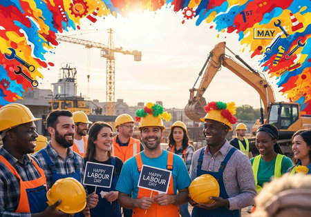A group of diverse workers celebrating Labour Day with colorful decorations and construction equipment in the background.の写真素材