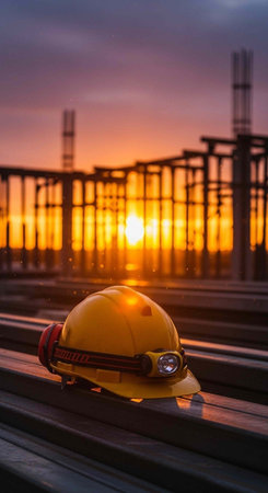 A yellow hard hat sits on a metal beam at a construction site during a vibrant sunsetの写真素材