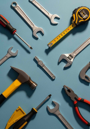 A collection of various tools laid out on a blue surface for organization and accessibilityの写真素材