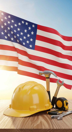 A patriotic display of construction tools and a hard hat in front of the American flag waving in the backgroundの写真素材
