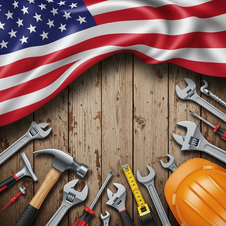 A collection of tools and an American flag on a wooden background with a hard hatの写真素材