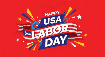 A vibrant graphic design celebrating Labor Day in the United States with bold colors and festive elements.の写真素材