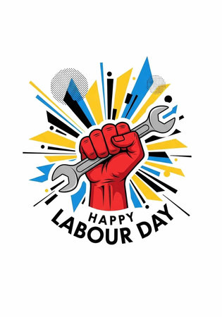 A vibrant Labour Day graphic featuring a red fist holding a wrench on a white backgroundの写真素材
