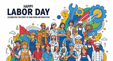 A vibrant illustration celebrating Labor Day with diverse workers and toolsの写真素材