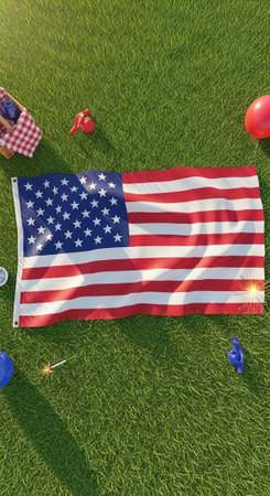An American flag lies on a grassy lawn surrounded by festive party items on a sunny dayの写真素材