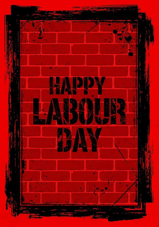 A vibrant red poster with a black border and text celebrating Labour Dayの写真素材