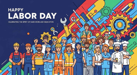 A vibrant illustration of diverse workers celebrating Labor Day with tools and colorful gears in the backgroundの写真素材