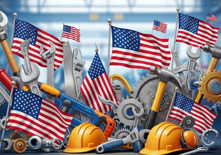 A collection of American flags and various tools, including hard hats and wrenches, in a patriotic displayの写真素材