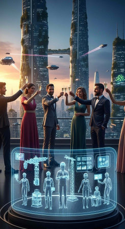 A group of formally dressed people celebrate with champagne in a futuristic cityscape at sunset with a holographic displayの写真素材