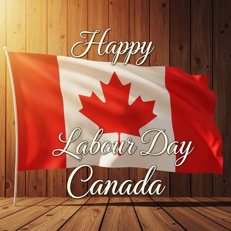 A Canadian flag waving on a wooden background with Happy Labour Day Canada text overlayの写真素材