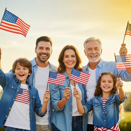 A happy family of five holding American flags and smiling together outdoors at sunsetの写真素材