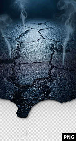 Dark blue cracked asphalt road with smoke rising and water damage, set against a grey background with a checkered patternの写真素材