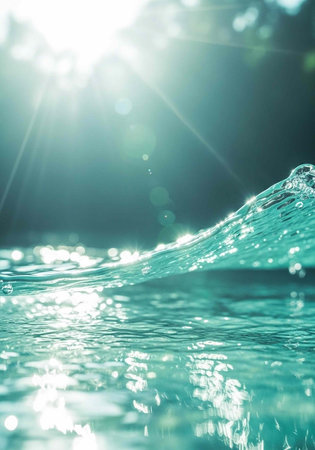 Calming image of clear turquoise water with sunlight reflecting off the surface, producing a sense of tranquility and relaxation.の写真素材