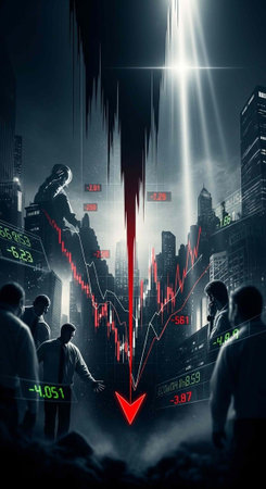 A group of people in a dark city observe a falling stock market graphの写真素材