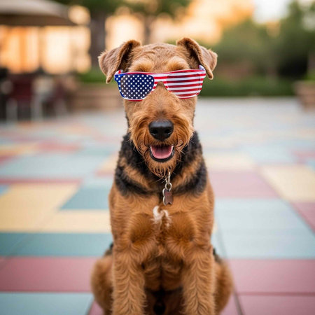 A brown and black Airedale Terrier dog sits outdoors wearing American flag patterned sunglasses and a collar with tags.の写真素材