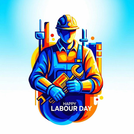 Colourful graphic of a worker in overalls and hard hat holding tools, celebrating Labour Day with bold typographyの写真素材