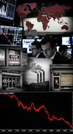 A composite image featuring a world map, stock market screens, businessmen, and symbols of economic decline.の写真素材