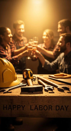 A group of construction workers celebrating Labor Day with a toast and tools on a wooden tableの写真素材