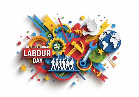 A vibrant illustration celebrating International Labour Day with colorful symbols and graphicsの写真素材
