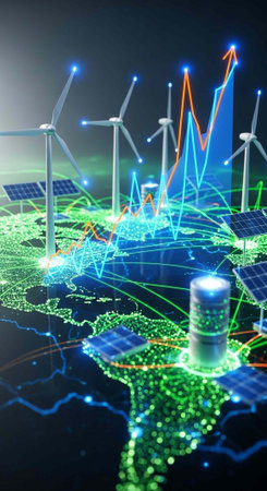 A futuristic illustration of renewable energy sources and sustainable technology on a global scale with wind turbines and solar panelsの写真素材