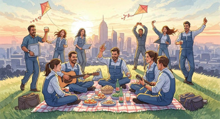 Illustration of people in overalls enjoying picnic on blanket with food, drinks, and guitar, flying kites in backgroundの写真素材