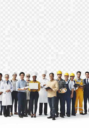 A lineup of people in different jobs and uniforms, holding tools and equipment, against a white transparent backdropの写真素材